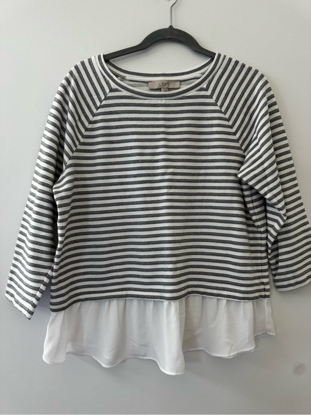 LOFT Gray and White Striped Knit Top with Chiffon Trim
